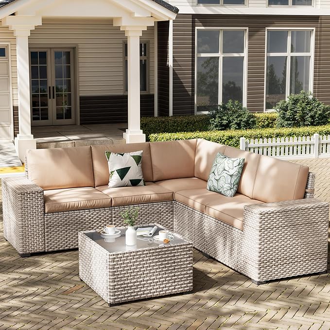7 Pieces Patio Furniture Set with Fire Pit Table, Outdoor Sectional Wicker Sofa with Thickened Cushions and Coffee Table, High Back Rattan Patio Conversation Sets, Khaki
