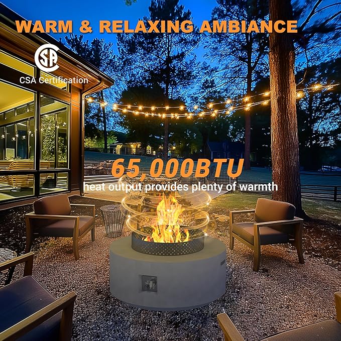 32 Inch Fire Pit Table, 3-Piece Outdoor Propane Fire Pit Table 65,000 BTU Round Gas Firepit, Wind Guard, 16 inches Tank Side Table and Baking Sheet for Garden, Patio, Grey