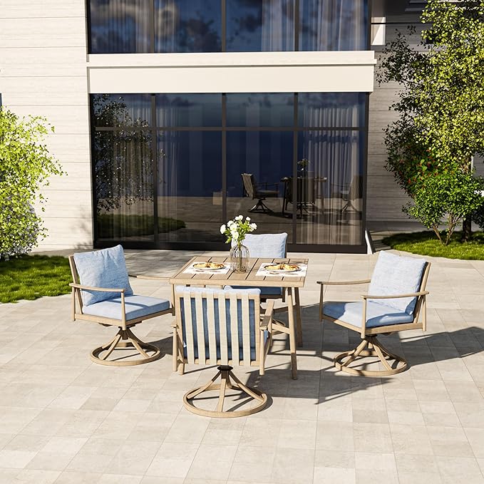 HAPPATIO Outdoor Dining Set 5 PCS, Aluminum Patio Dining Set Includes 1 Large Square Table with Umbrella Hole & 4 Swivel Dining Chairs, Patio Furniture Set for Lawn, Porch, Backyard (Brown)