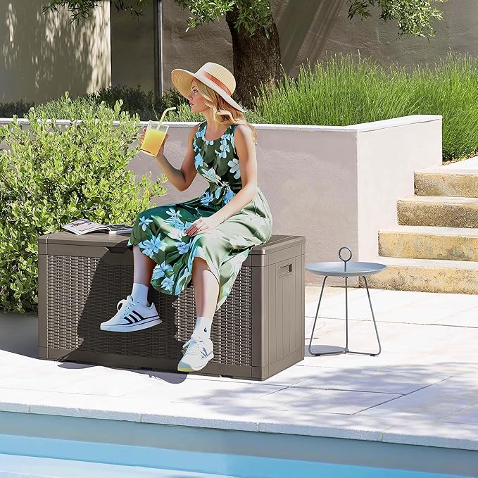 Devoko 97 Gallon Deck Box, Waterproof Resin Outdoor Storage Box for Outside and Patio, Large Outdoor Storage Bench Cabinet Lockable for Patio Furniture, Garden Tools and Pool Supplies (Brown)