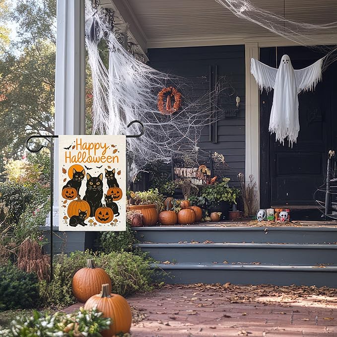 Happy Halloween Garden Flag for Outside, 12x18 Inch Double Sided Halloween Black Cat Pumpkin Yard Flag, Farmhouse Small Yard Flags for Outdoor Decorations, Holiday Decor Gifts-A08