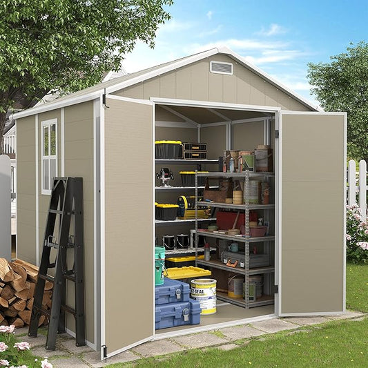 Outdoor Storage Shed, 8x6 FT Resin Shed with Floor Included and Lockable Door, Window & Vents, Tool Sheds, Outdoor Storage for Bike, Garden Accessories, Tools, Waterproof (Light Brown)
