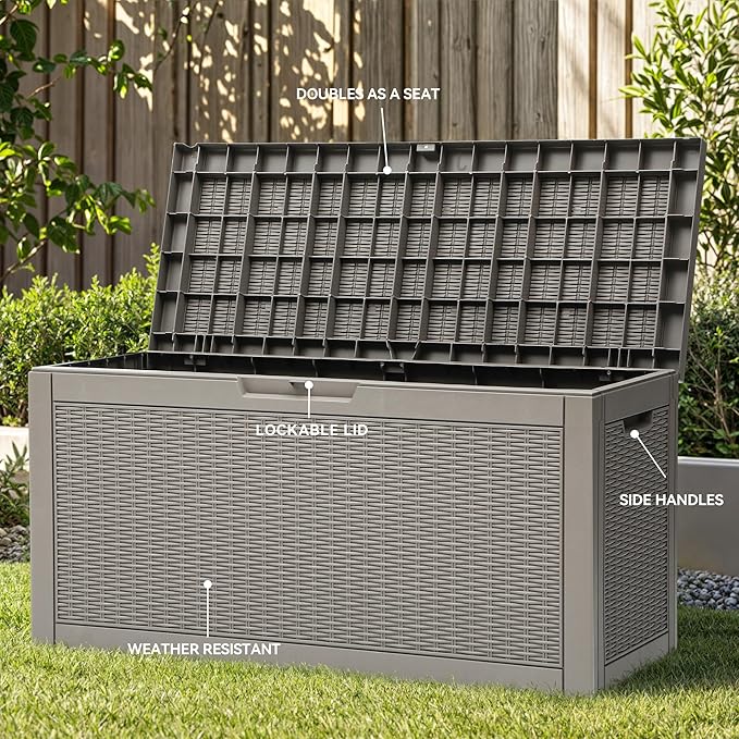 YITAHOME 60 Gallon Outdoor Storage Box, Large Water Resistant Resin Deck Box, Indoor Outdoor Lockable Rattan Storage Container for Patio, Garden, Cushions, Tools, Equipment (Taupe)