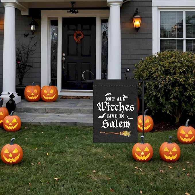 Not All Witches Live In Salem Broom Halloween Garden Flag for Outside, 12x18 Inch Double Sided Halloween Yard Flag, Farmhouse Small Yard Flags for Outdoor Decorations, Holiday Decor Gifts-A13