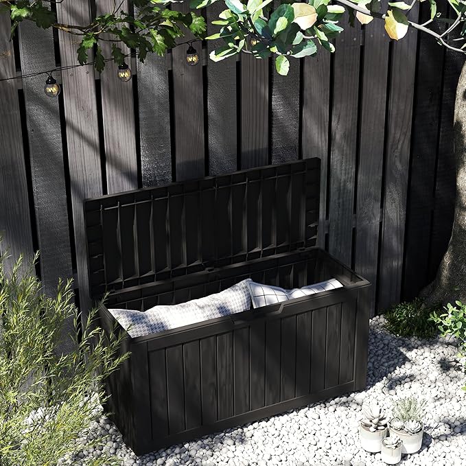 80GAL PLUS Rolling Black Outdoor Deck Box with Lock Hole - Waterproof, SGS - Certified UV Protection, All - Weather Resin, Easy to Move for Poolside or Patio Storage, Effortless Setup