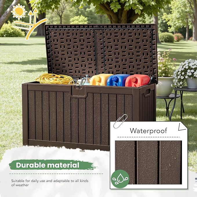Greesum 230 Gallon HDPE Outdoor Storage Box with Removable Dividers, Weatherproof Oversized Deck Box for Patio, Garage, Garden, Brown