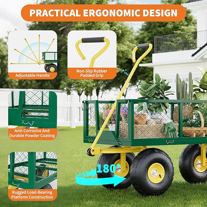 500 Lbs Garden Wagon, 2-in-1 Heavy-Duty Steel Garden Cart, with 10 Inch All-Terrain Tires and Removable Mesh Side Panels, 180° Rotating Handle, Metal Utility Yard Trailer, Outdoor Gardens Wagon Cart