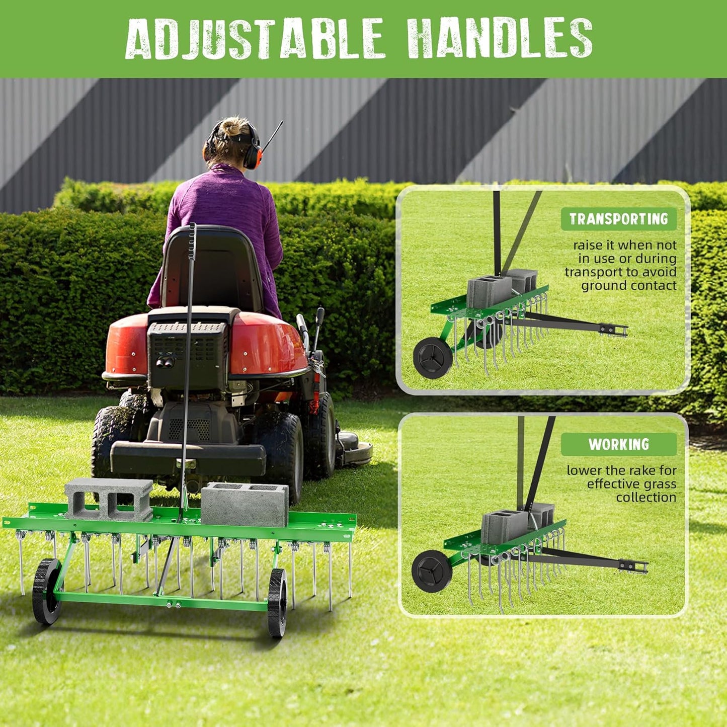 40" Tow-Behind Dethatcher with 20 Spring Steel Tines, Pull Behind Lawn Tractor Mower Grass Rake for Yard, Garden, and Farm Care – Removes Thatch, Leaves, and Pine Needles-Green