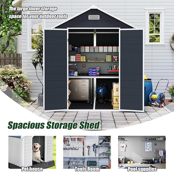 Outdoor Storage Shed 6x6 FT, Resin Shed with Floor & Window, Lockable Door, Vents, Outside Sheds & Garden Shed for Patio Furniture, Gardening Tools, Pool Equipment (Dark Gray, 6 * 6ft)