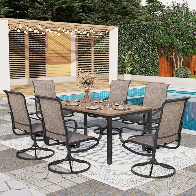 PHI VILLA Patio Dining Table and Chairs, 6 Swivel Dining Chairs with Armrest, Brown Metal Slat Table Top with 1.6" Umbrella Hole, Rustproof E-Coating for All Weather
