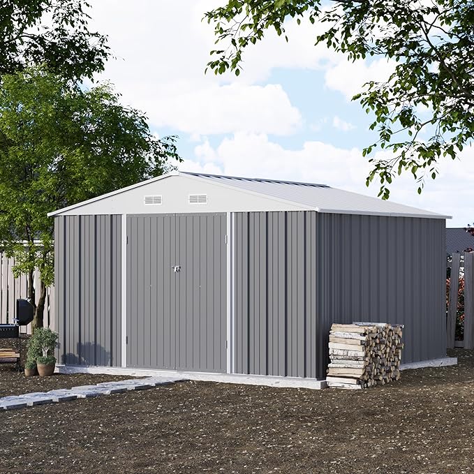 Patiowell 10' x 10' Metal Storage Shed for Outdoor, Steel Yard Shed with Design of Lockable Doors, Utility and Tool Storage for Garden, Backyard, Patio, Outside use, Grey