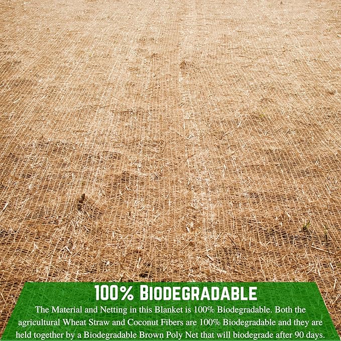 Farm Plastic Supply 100% Biodegradable Erosion Control Blanket - Straw/Coconut Straw Garden and Landscape Cover, Straw Blanket, Erosion Control (8' x 112.5')