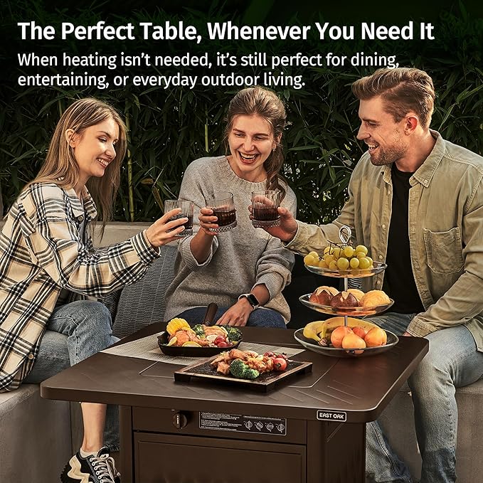 EAST OAK 32" Outdoor Propane Fire Pit Table | 50,000 BTU Gas Fire Pit Table for Outside with Magnetic Lid | Storage Basket & Lava Rocks | CSA Certified for Patio, Garden & Backyard | Brown