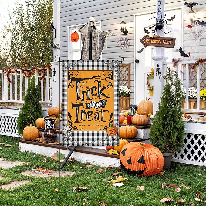 Halloween Garden Flag Trick Or Treat Without Candy 12x18 Double-Sided Pumpkin Decoration Water Buffalo Grid Halloween Party Welcome Holiday Courtyard Outdoor Haunted House Decoration Flag (Cartoon)
