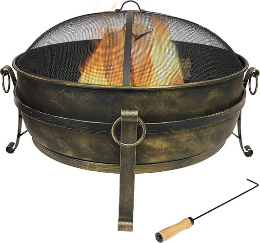 Sunnydaze 34-Inch Large Fire Pit for Outside - Wood-Burning Fire Pit Bowl for Outdoors with Spark Screen, Log Poker, and Grate