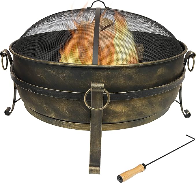 Sunnydaze 34-Inch Large Fire Pit for Outside - Wood-Burning Fire Pit Bowl for Outdoors with Spark Screen, Log Poker, and Grate