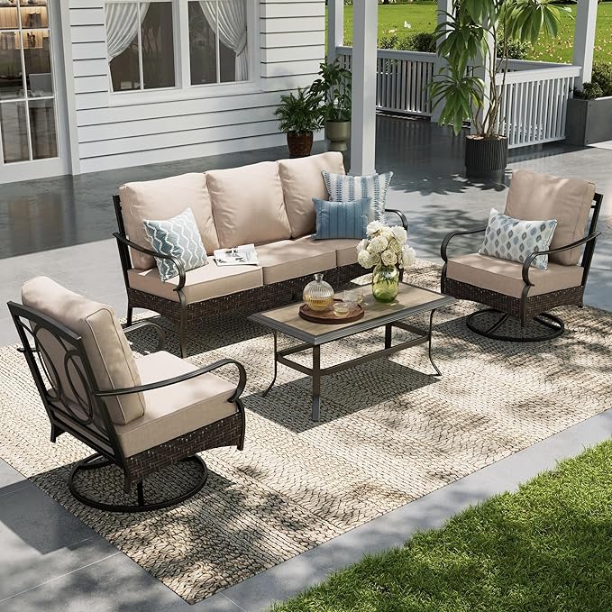 Sophia & William Patio Furniture Set, Outdoor Metal Conversation Set 5 Seats with 3-Seater Sofa, 2 Swivel Chairs, 1 Coffee Table for Seating Lawn Porch Backyard,Beige