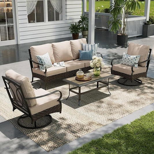 Sophia & William Patio Furniture Set, Outdoor Metal Conversation Set 5 Seats with 3-Seater Sofa, 2 Swivel Chairs, 1 Coffee Table for Seating Lawn Porch Backyard,Beige