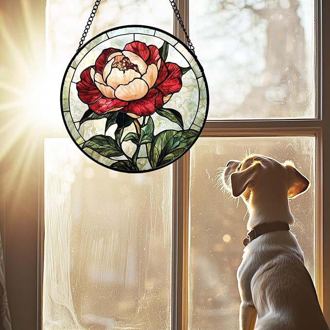 Stained Glass Window Hanging - Peony Suncatcher for Door Garden Home Decor Pink Birth Flower Sun Catcher Christmas Birthday for Friend Lovers Women Mom Nana 9.8 in