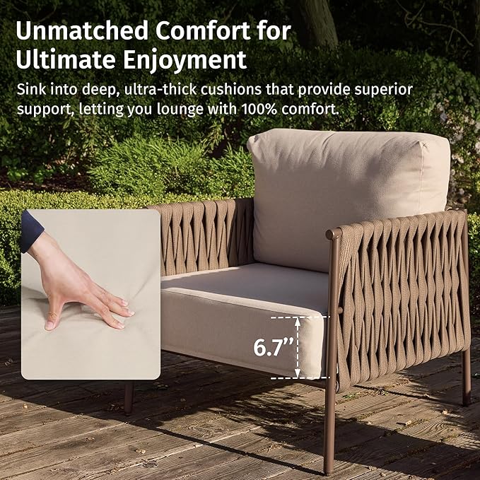 EAST OAK 3-Piece Patio Furniture Set | Armchairs & Coffee Table | Outdoor Furniture with Cushions | Deep Seating Modern Conversation Set | Garden, Porch, Balcony & Backyard | Chestnut & Apricot