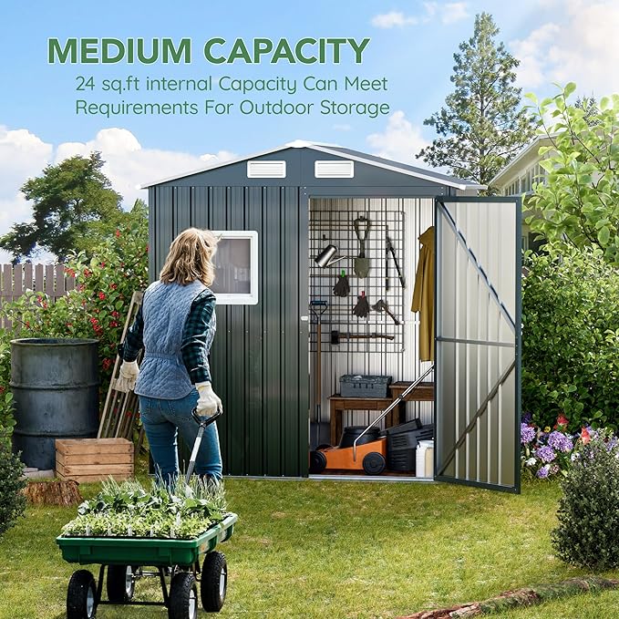 6X4X6.5 FT Compact Vertical Outdoor Steel Storage Shed with Lockable Doors, Ideal for Garden, Backyard, and Patio Utility and Small Tool Storage,Bike Shed, Garbage Can, Chicken Coop