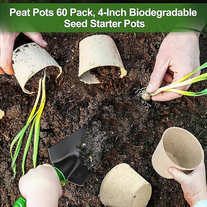 Peat Pots, 60 Pack Plant Starter Round Nursery Pot with Drainage Holes, Garden Germination Seedling Pots with 30 Plant Labels (4 Inch)