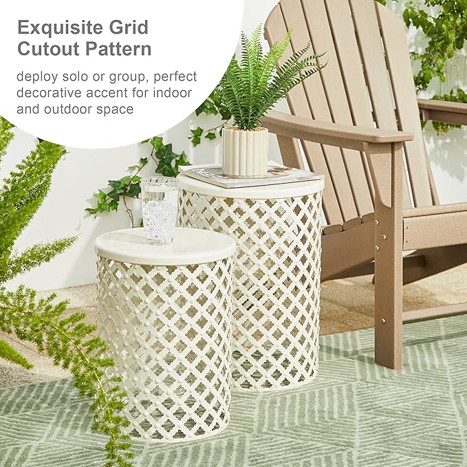Glitzhome Outdoor Side Table Set of 2, Decorative Garden Stool for Indoor Outdoor Heavy Duty Metal Frame Accent Table Modern End Table, Glossy White