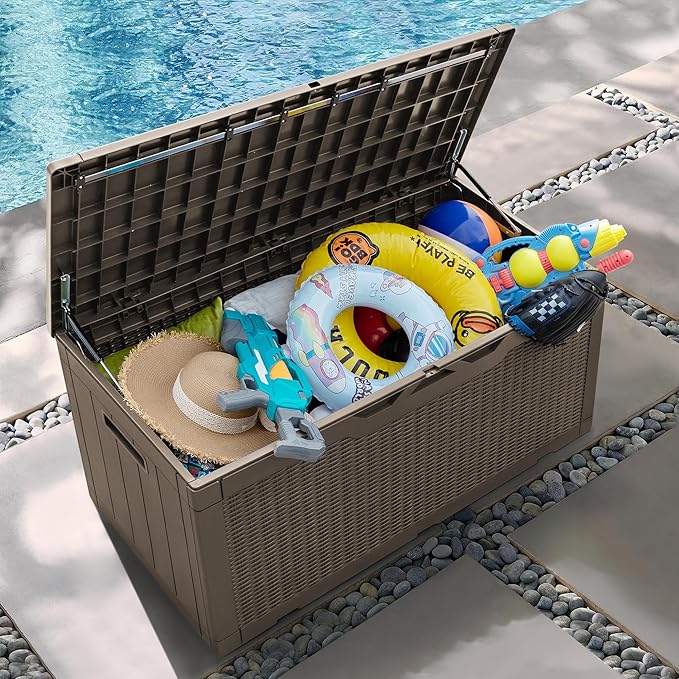 Greesum 100 Gallon Resin Patio Storage Box for Garden Tools, Outdoor Furniture Cushions, Pool Supplies, Light Brown