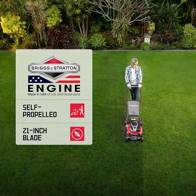 PowerSmart Self Propelled Gas Lawn Mower 21-Inch with Briggs and Stratton E550 140cc Engine 2-in-1 Mulch and Bagger B8721S1