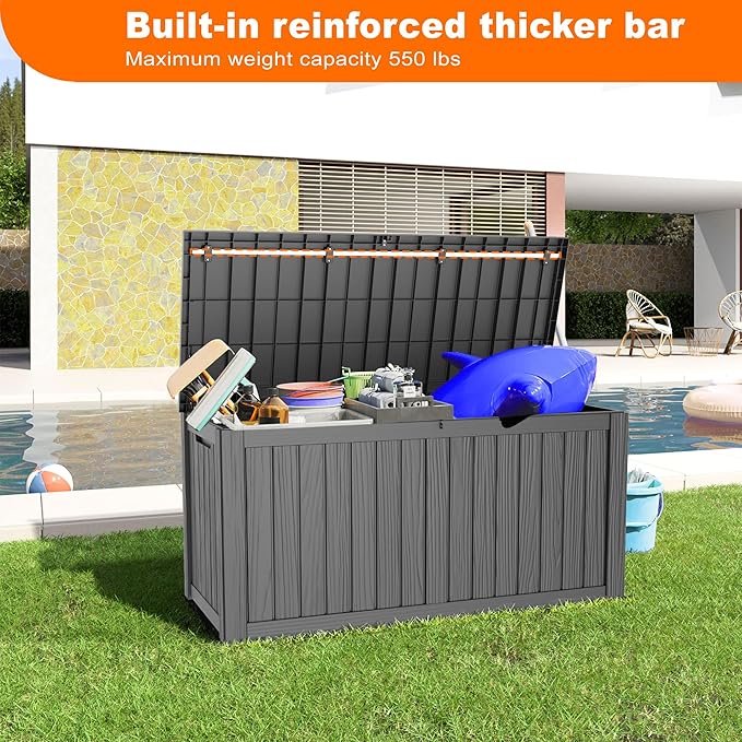 150 Gallon Large Deck Box,Resin Outdoor Storage Box with Lockable for Patio Furniture, Pool Accessories, Garden Tools Waterproof Outside Storage Box, Black