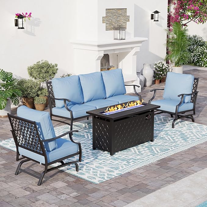 4 Piece Metal Outdoor Patio Furniture Set with 5000 BTU Firepit Table, Patio Conversation Sets 1 3-seater Sofa, 2 Rocking Chair with 5.75" Thick Cushion, Black Backyard Furniture, Blue