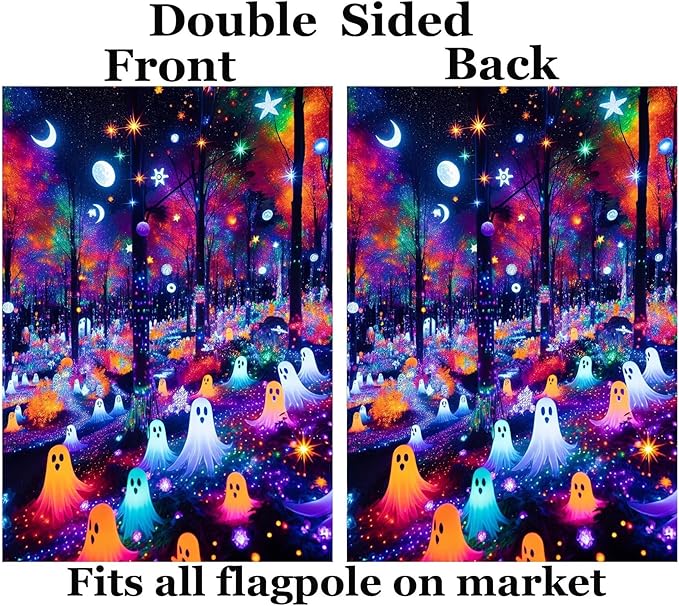 Fantasy Forest Colorful Ghosts Halloween Moon and Stars Garden Yard Flag 12"x 18" Double Sided Polyester Welcome House Flag Banners for Patio Lawn Outdoor Home Decor
