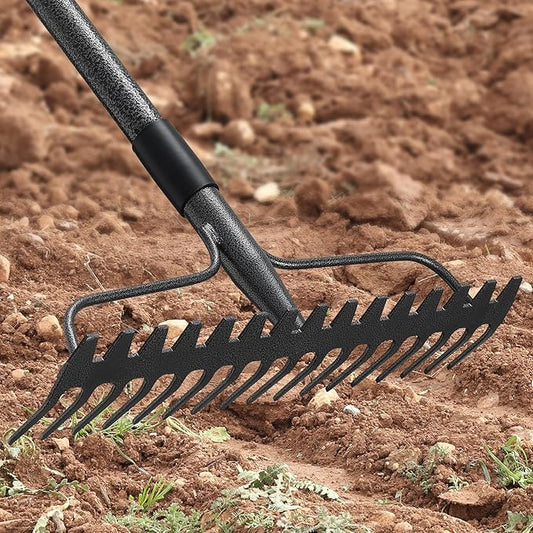 60'' Heavy Duty Garden Rake with Stainless Steel Handle, Metal Head for Loosening Soil, Gathering Leaves, Leveling Lawns