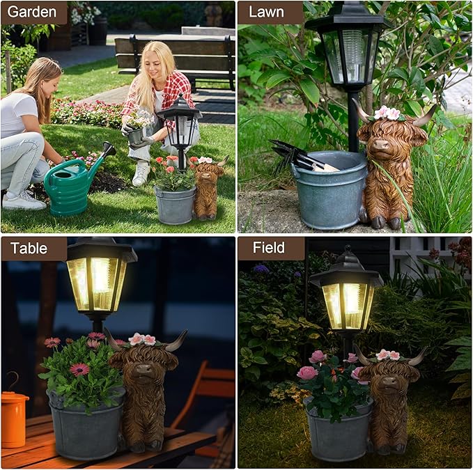 Highland Cow Statues Outdoor Solar Sculptures with Solar Lights and Flowerpot Funny Garden Decor Animal Figurines Resin Outdoor Statues for Patio Yard Lawn Balcony Grandma Mom Gifts