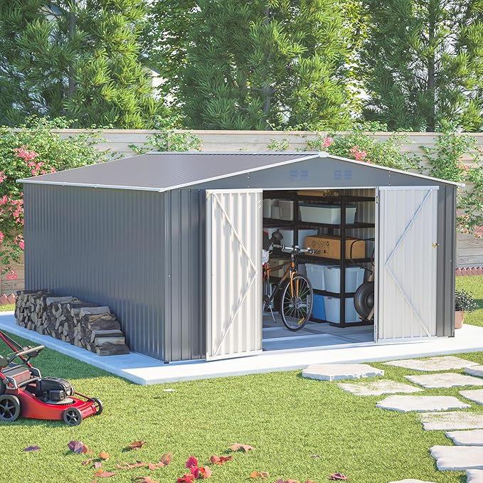 12x14FT Outdoor Storage Shed Metal Shed W/Floor Frame,Garden Tool House W/ 4 Air Vents,Lockable Double Doors & Sloped Roof,for Patio,Lawn,Backyard,Light Gray