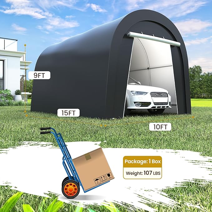 Wisteria Lane Domed Carport, Portable Garage with 2 Roll up Doors, Heavy Duty Car Canopy Party Tent, All-Season Storage Shelter Shed Carport for Motorcycle, Boat, Truck, or Garden Tools, 10' x 15'