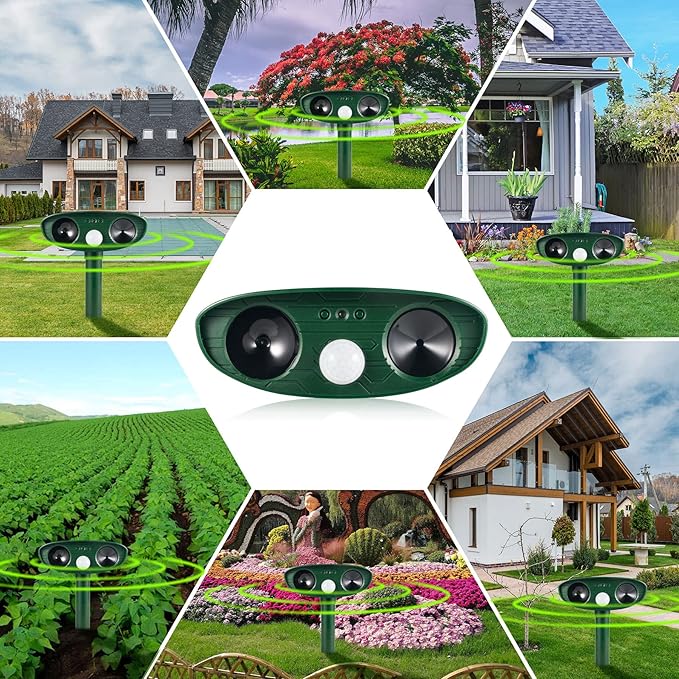 2 Pack 2025 Animal Repellent Ultrasonic Outdoor Squirrel Fortress Pro, Solar Repeller with Motion Sensor, Waterproof Dog Skunk Raccoon Rabbit Cat Deer Repellent for Yard Farm