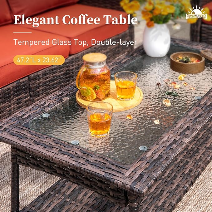 4 Pieces Patio Furniture Set with Swivel Chairs, High Back Wicker Rattan Sofa with Extra Thick Cushion and Coffee Table, Outdoor Conversation Set for Garden Backyard Deck,Red