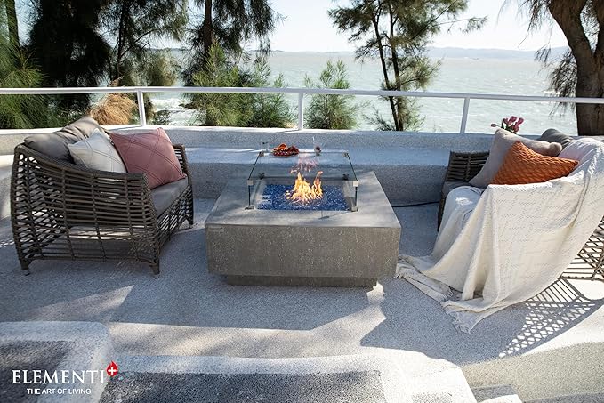 Elementi+ | Victoria Gas Fire Pit Cast Concrete 40" Square Fire Table, Outdoor Fire Pit Electronic Ignition | Canvas Cover, Fire Glass and Burner Lid Included | Light Gray | Natural Gas
