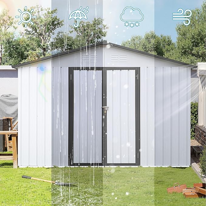 Sheds & Outdoor Storage 12 ft × 10 ft Storage Shed Large Classic Apex Roof Metal Garden Storage Sheds with Hinged Door Tool Cabinet for Backyard, Patio, Poolside, White + Gray