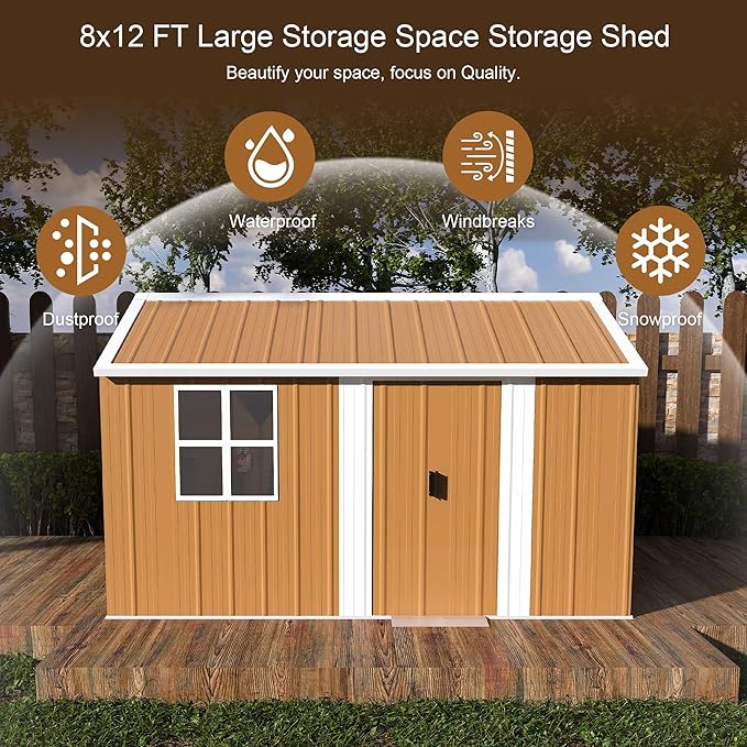 Outdoor Tool Shed 8x12 FT Heavy-Duty Metal Storage Shed with Lockable Door, Windows & Ventilation - Weather-Resistant Roof Garden Shed for Backyard, Patio, Lawn (Brown)