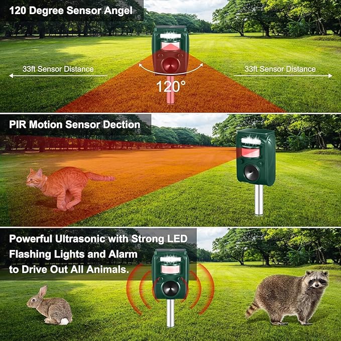 Cat Repeller Outdoor - Ultrasonic Animal Repeller Solar Powered - Waterproof Squirrel Repellent,Raccoon Deterrent with Motion Activated,Repels Dog,Rabbit,Fox,Bird for Farm Yard Protection