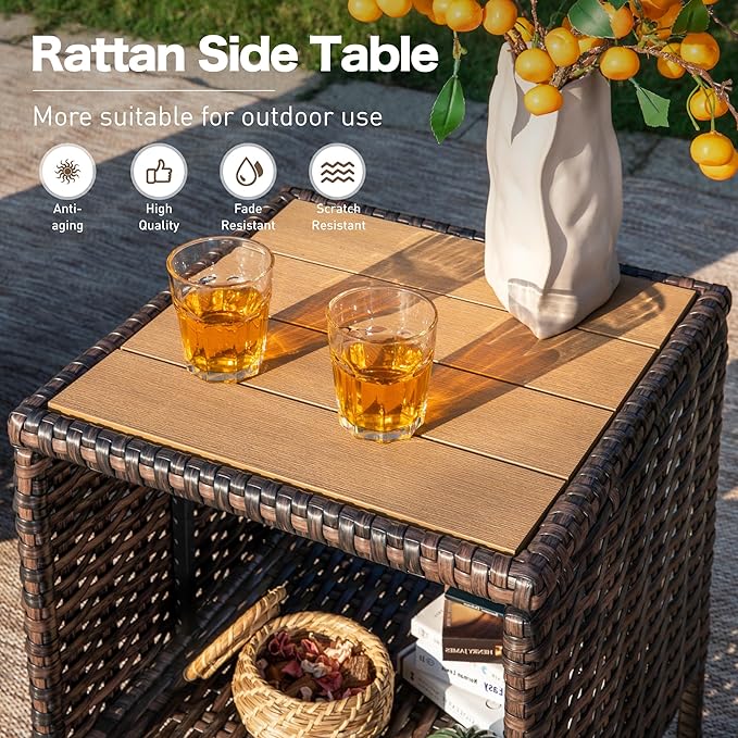 3 Piece Patio Furniture Set, Rattan Wicker Swivel Chairs Set of 2 with Side Table, 35" High Back Outdoor Conversation Set with Thick Cushions for Bistro Porch Poolside, Red