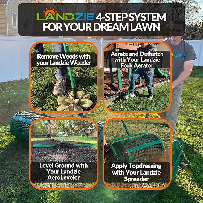 Landzie AeroLeveler - The Lawn Leveling Rake That Never Flips - Patented inch Wide Pneumatic Lawn Level for Yard, Dirt, Soil, Sand, Provides Stability and Control (Pneumatic 48" Leveling rake)
