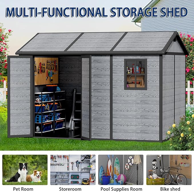10x8 FT Resin Outdoor Storage Shed with Floor, Weather-Resistant Plastic Garden Shed with Windows, Lockable Door and Vents, Outside Tool Storage Sheds for Backyard, Garden, Patio, Lawn, Wood Grain