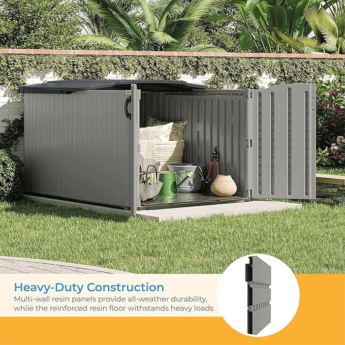 Suncast Glidetop Horizontal Outdoor Storage Shed with Pad-Lockable Sliding Lid and Doors, All-Weather Shed for Yard Storage, 57.5" W x 79.75" D x 52" H, Made in The USA