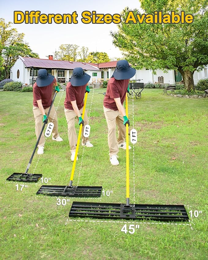 Lawn Leveling Rake, 45"x10" Heavy Duty Sand Leveling Tool with 7FT Long Handle, Steel Golf Rake for Soil, Compost, Gravel, Lawn Leveler for Yard, Garden, Golf Course, Landscaping Level Tool