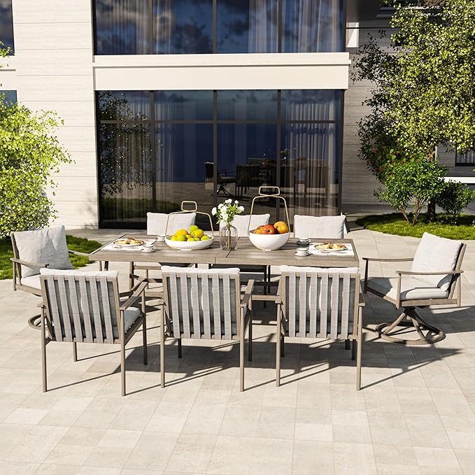 HAPPATIO 9-Piece Patio Table and Chairs Set for 8, Aluminum Outdoor Dining Set with Cushions, 6 Dining Chairs and 2 Swivel Chairs, 1 Large Rectangular Table with Umbrella Hole,Grey