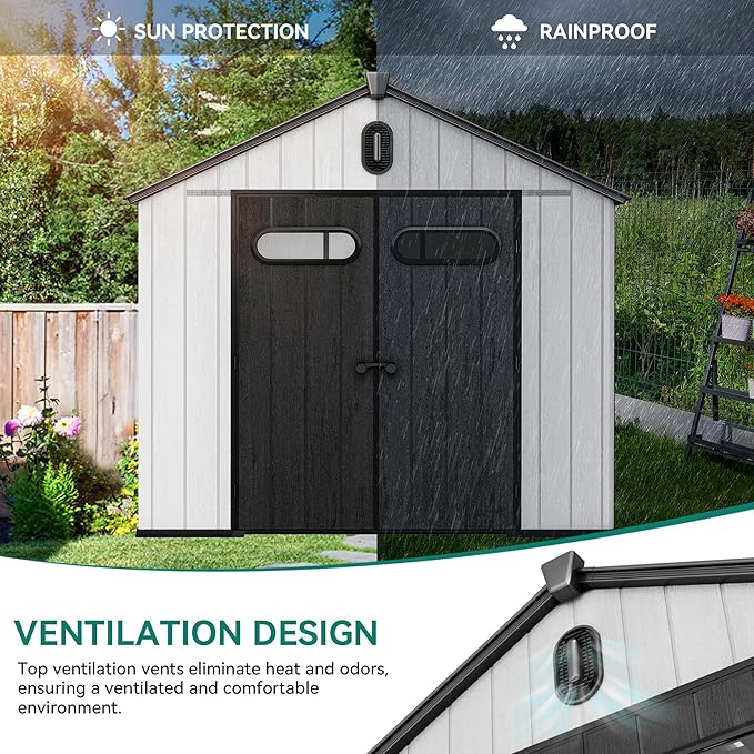 YITAHOME 8x10ft Outdoor Resin Storage Shed with Floor, 544 cuft Waterproof Garden Shed with Lockable Door, Windows & Vents, Plastic Tool Storage for Patio Furniture, Lawnmower, and Bike Storage, Gray