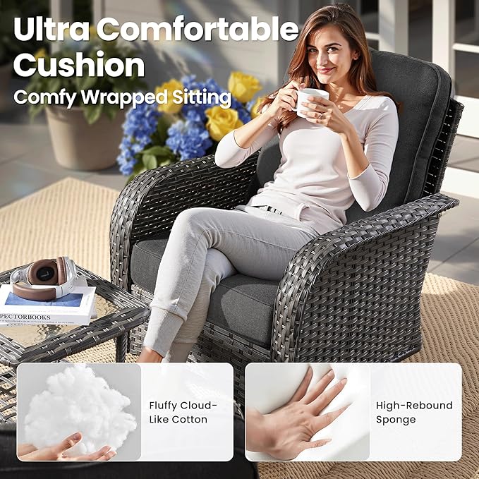 ovios 9 Pieces Patio Furniture Set, Outdoor Wicker Sofa Couch with Rocking Swivel Chairs Fire Pit Table, Modern Deep Seat Rattan Conversation Sets for Porch Deck, Black